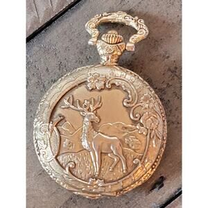 Gold tone Geneva Quartz Pocket Watch With Buck Deer Scene Not Tested